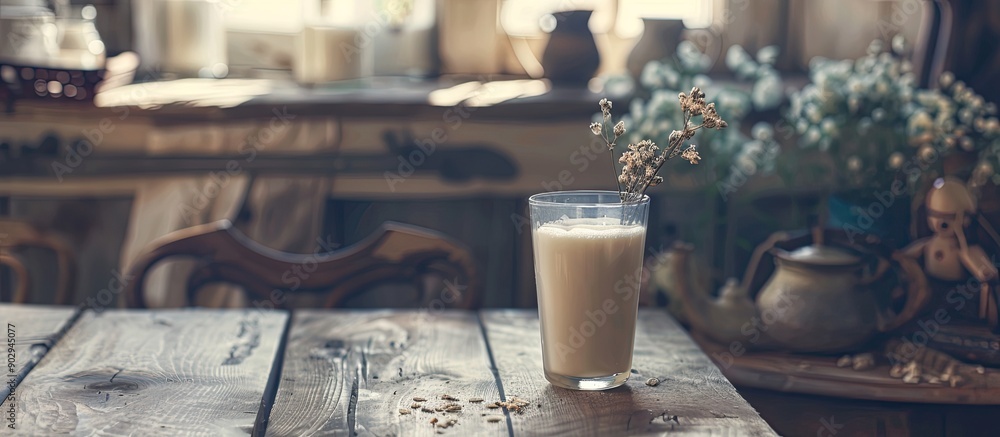 Poster A wooden table with a glass of milk by Berger creating a cozy scene with a rustic touch and a copy space image