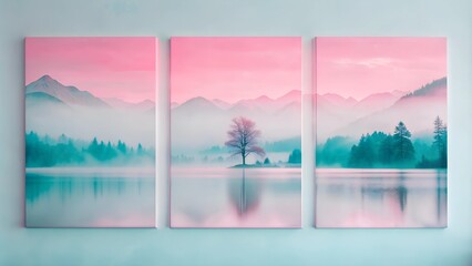 Set of Three Sophisticated Landscape Paintings - Misty Mountains at Dawn