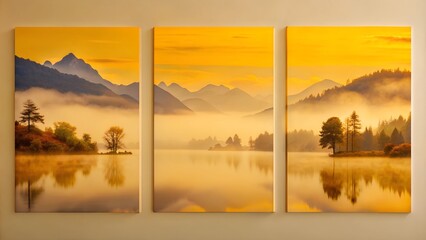 Set of Three Sophisticated Landscape Paintings - Misty Mountains at Dawn