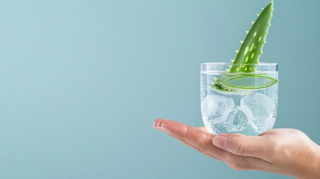 Hand holding a clear gel astringent with aloe vera, skincare essentials, soothing beauty care