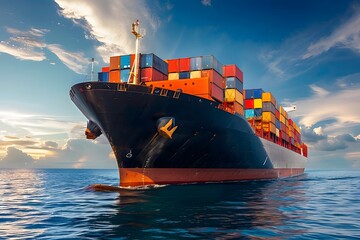 Majestic Container Ship Navigating Calm Waters at Sunset