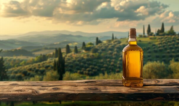 Olio, bottiglia, tavolo, rustico, campagna, olivi, verde, natura, etichetta, mockup, prodotto, design, branding, sfondo, paesaggio, campo, ulivi, sole, estate, agricoltura, raccolta, fresco, gourmet, 
