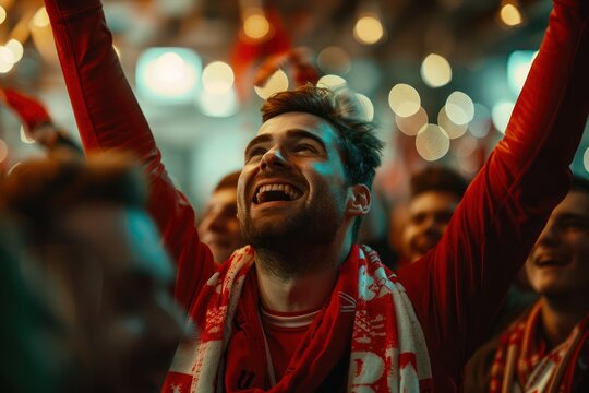 Group of people gathered in front of TV screen, cheering and discussing sports event. Caucasian man in red jersey and scarf leads enthusiastic celebration, surrounded by friends and family. - Powered by Adobe