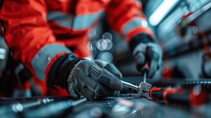 A close-up image of a worker's hands fixing machinery using various tools, representing industry, repair work, technical proficiency, and the blue-collar workforce.