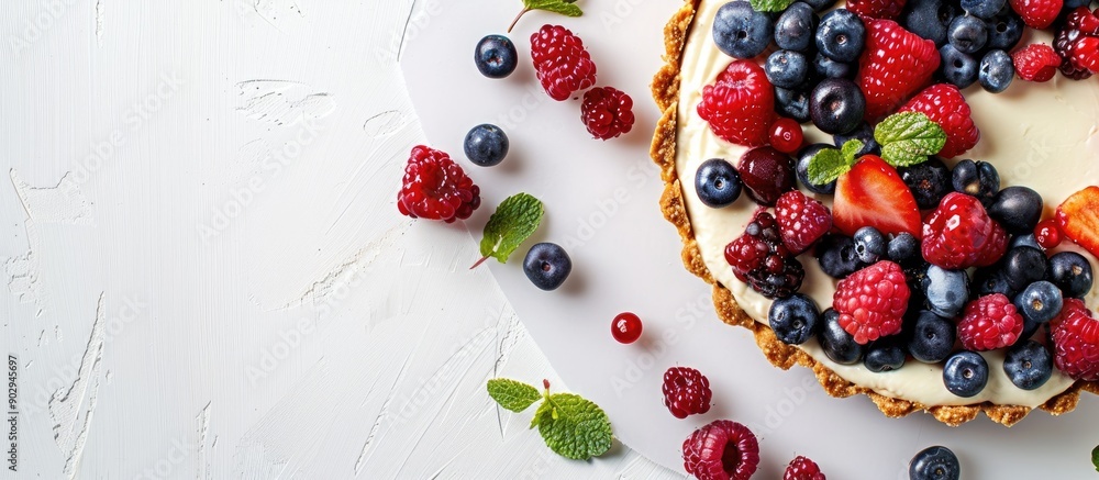 Poster nutritious italian ricotta and berry cheesecake on a clean white backdrop with copy space image for 