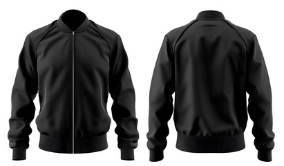 Black track jacket with zipper, front and back view isolated on white background, mockup template for design presentation. Mock up template of sweatshirt sport , 