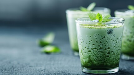 A close-up view of glasses filled with iced matcha latte garnished with mint leaves, presenting a refreshing and vibrant green drink perfect for a cool, rejuvenating experience.