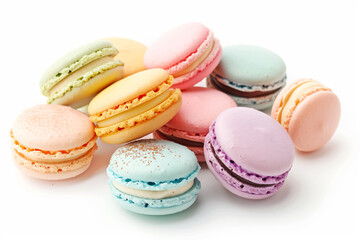 Assorted colorful Macarons stacked together on white background in a sweet display. Generative AI.