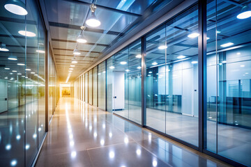 Long corridor in office building, office work concept