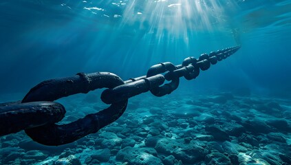 Underwater view of a long chain floating in the sea, with sunlight shining through the water surface and a blue color tone. 