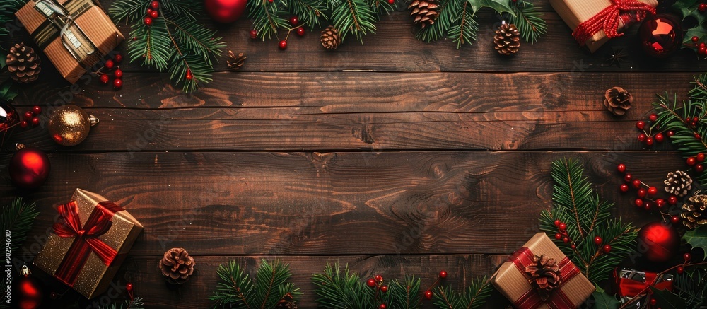 Aufkleber Festive holiday arrangement with gifts evergreen branches and ornaments on a rustic wooden backdrop Represents Christmas winter and New Year festivities Overhead view with ample space for text or ima
