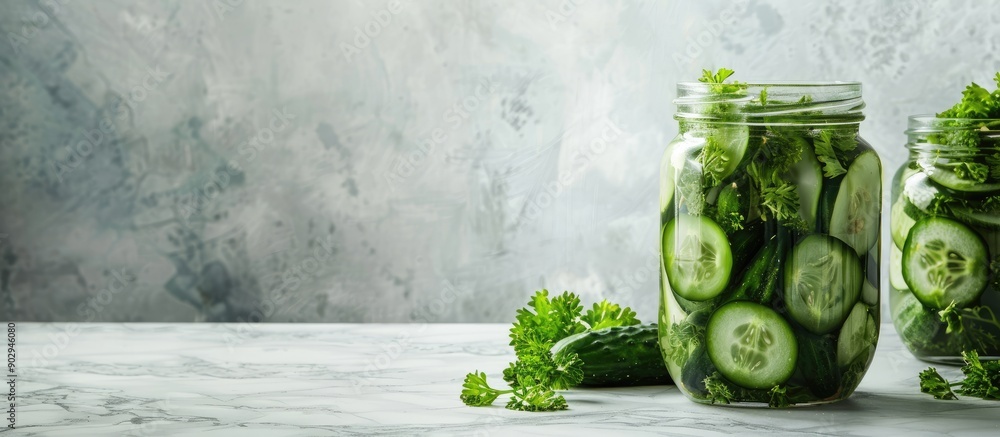 Aufkleber Fresh cucumbers in a pickling jar set on a white marble table with copy space image
