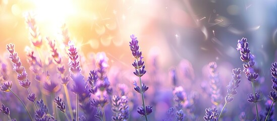 Lavender field with a blurred background transitioning from spring to summer displaying purple blooms and with copy space image