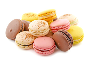 Fototapeta premium Assorted colorful Macarons stacked together on white background in a sweet display. Generative AI.