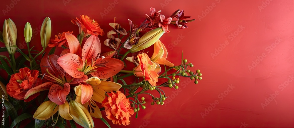 Aufkleber A floral arrangement featuring lilies freesias arums with a blank space for adding text or other images known as a copy space image