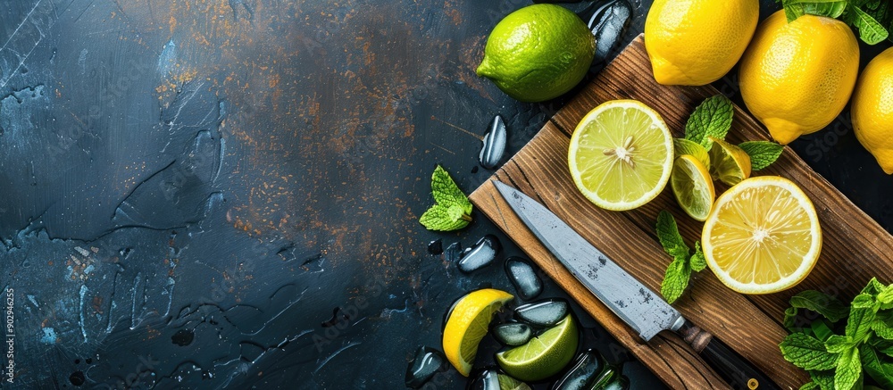 Poster A half of a yellow lemon and a knife on a wooden cutting board along with fresh mojito drinks with lime and lemon creating a composition of delicious citrus fruits Copy space image