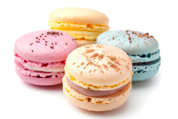 Fototapeta premium Assorted colorful Macarons stacked together on white background in a sweet display. Generative AI.