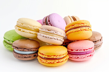 Assorted colorful Macarons stacked together on white background in a sweet display. Generative AI.