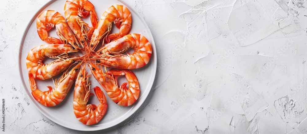 Poster Fresh and healthy shrimp displayed on a plate over a light background in a top view copy space image