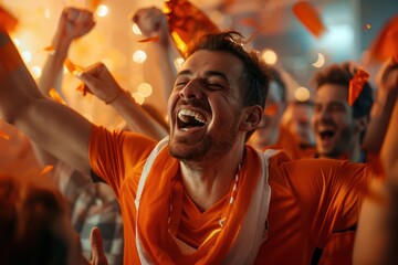 Passionate fan cheers in a room filled with orange confetti. Caucasian man wearing orange jersey and team scarf celebrates with friends and family in a warm indoor setting.