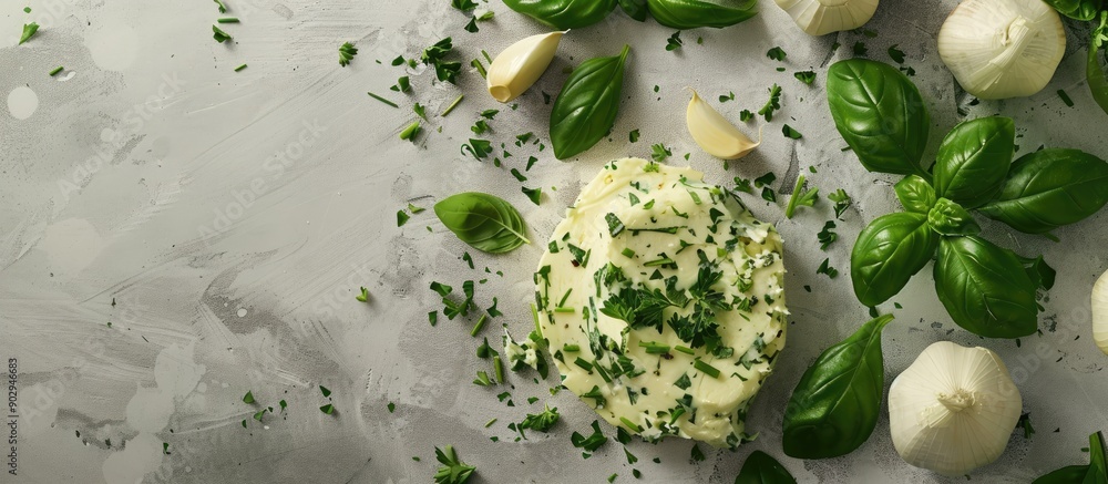 Poster A herb infused butter featuring chives basil oregano parsley and garlic on a gray backdrop in a top down view with copy space image