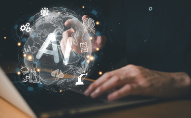 Business person using AI technology to replace global workforce for more productivity and cost...