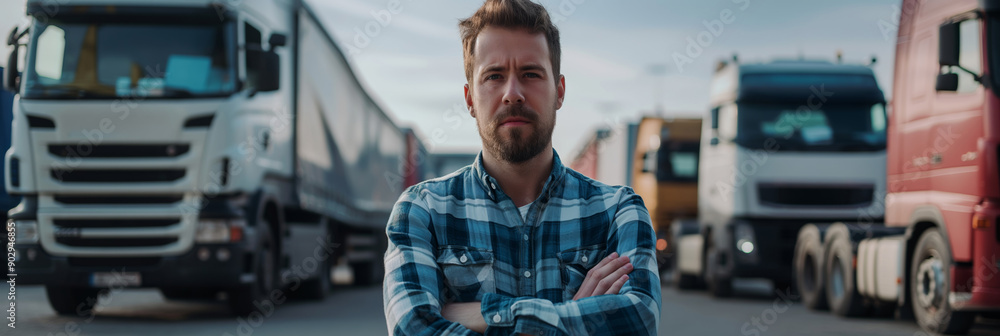 Wall mural A serious truck driver stands in a parking lot, posing for a portrait with a lorry.