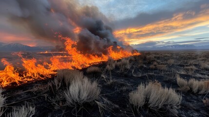 Fototapeta premium An expansive field is dramatically illuminated by a spreading wildfire, with smoke and flames creating a breathtaking yet devastating scene against a vibrant sunset backdrop.
