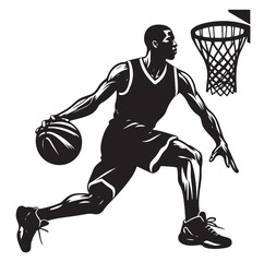 A black and white picture of a basketball player with the ball in his hand silhouette  