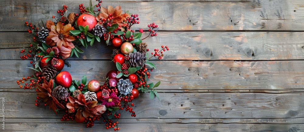 Poster Top view of a stunning autumn wreath featuring flowers berries and fruits on a wooden backdrop offering ample copy space image