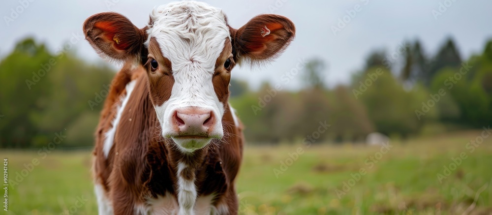 Poster hereford calf brown and white sporting a plastic weaning noseplate in a field with a copy space imag