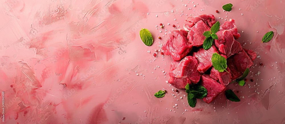 Poster Raw fresh beef pulp displayed on a bright backdrop ideal for protein rich keto diets A banner with space for text overlaid on the image. Creative banner. Copyspace image