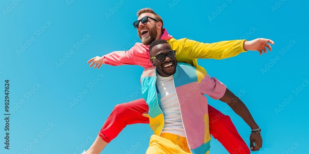 Wall mural A joyful gay couple enjoys a playful piggyback ride outdoors during a carefree summer day.