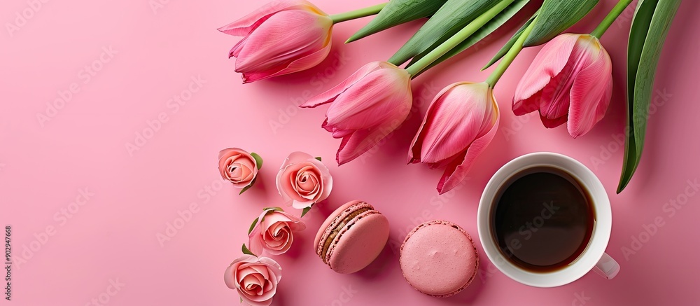 Aufkleber pink tulip bouquet coffee and macaroons on pink backdrop create an anniversary celebration theme wit