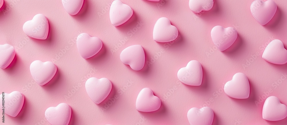 Poster heart health concept illustrated on a pink background with pink heart shaped pills in a flat lay sty