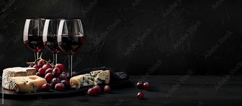 Poster red wine flight complemented by cheese and grapes on a black backdrop featuring a copy space image
