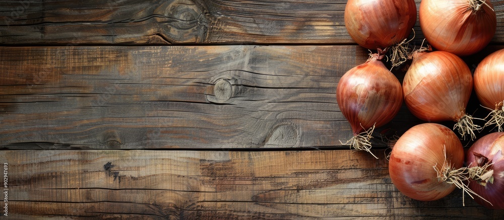 Poster on a wooden surface fresh onion bulbs are displayed with copy space image