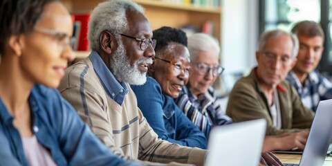 Diverse retired students studying together with laptops in a classroom, focusing on education and teamwork.