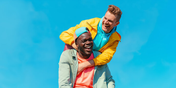 A diverse gay couple laughs joyfully while enjoying a piggyback ride in the park.
