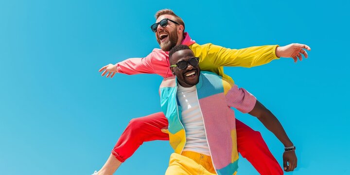 A joyful gay couple enjoys a playful piggyback ride outdoors during a carefree summer day.
