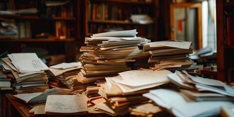 Obraz premium Una scrivania in disordine con pile di libri, carte e documenti, che riflette un ambiente di studio o lavoro intenso e disorganizzato. Perfetto per illustrare caos e produttività.
