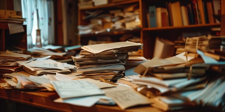 Una scrivania in disordine con pile di libri, carte e documenti, che riflette un ambiente di studio o lavoro intenso e disorganizzato. Perfetto per illustrare caos e produttivit&agrave;.