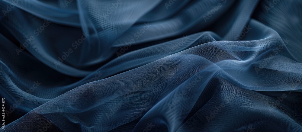Poster Selective focus on dark blue tulle or organza fabric folds in the background creating a copy space image