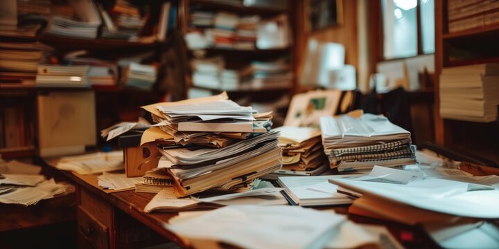 Una scrivania in disordine con pile di libri, carte e documenti, che riflette un ambiente di studio o lavoro intenso e disorganizzato. Perfetto per illustrare caos e produttivit&agrave;.