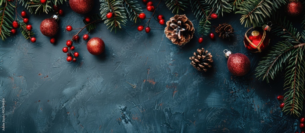 Poster festive christmas themed copy space image featuring fir branches and ornaments