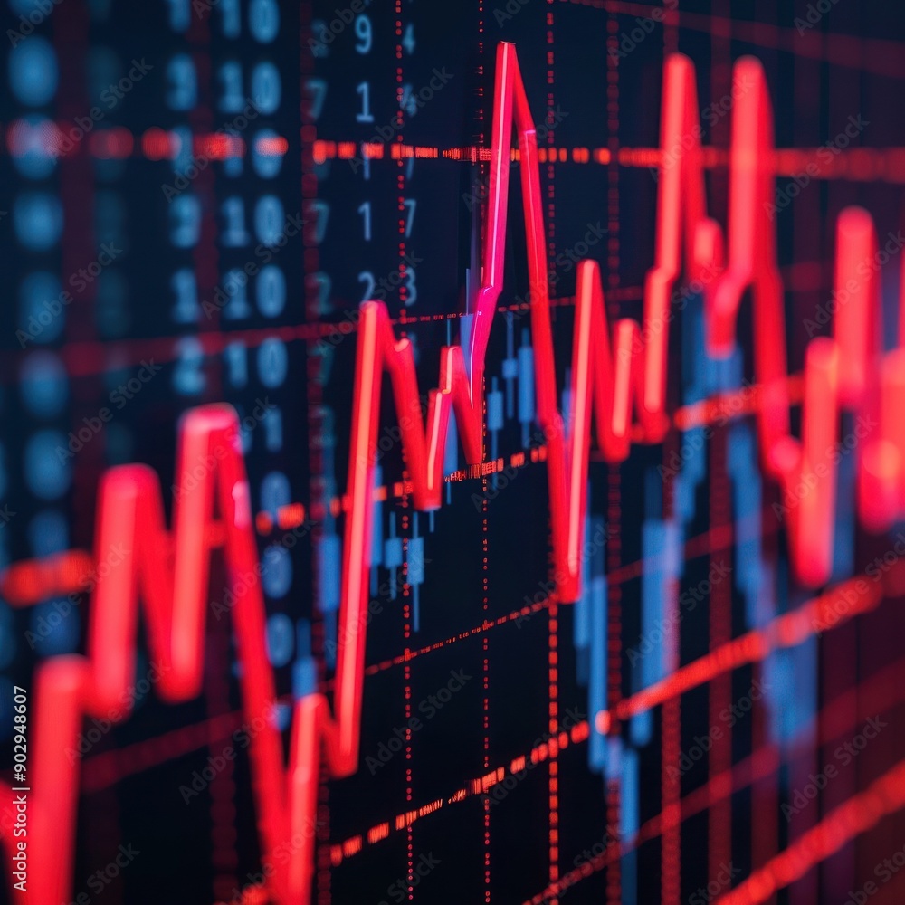 Poster close-up of a red fluctuating graph and numerical data on a screen representing stock market trends 