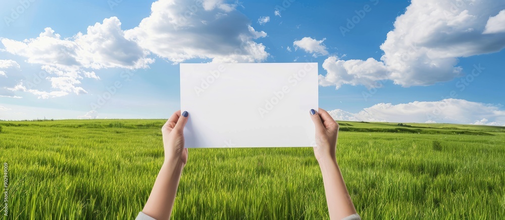 Aufkleber Female hand holds a blank sign over a scenic background of a grass field and sky with clouds suitable for a copy space image