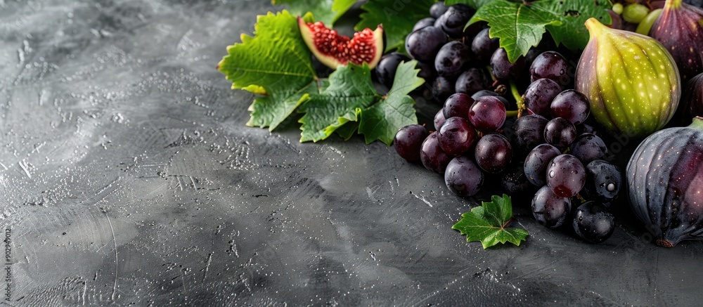 Aufkleber fresh autumn fruits such as black and green grapes figs and leaves displayed on a grey table with a 
