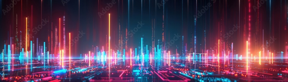 Poster futuristic digital cityscape with neon lights and glowing data streams, showcasing technology and in