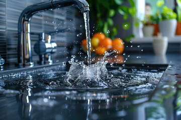 Clean water flows from faucet, kitchen sink filled with water and splashes, against blurred background of flowers and oranges. Concept of cleanliness, hydration and kitchen comfort